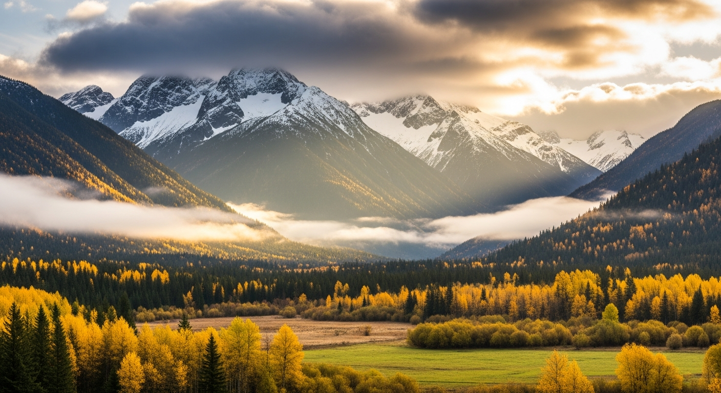 Pemberton Valley with mountain peaks and golden hour lighting
